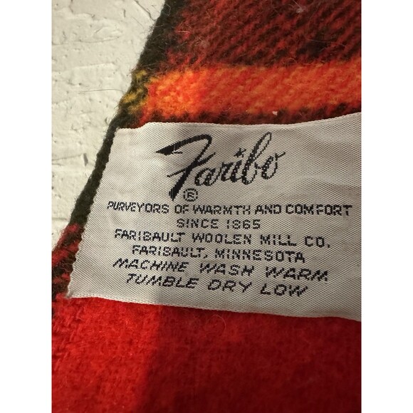 VTG Wool Blanket Throw Faribault Woolen Mill USA 64x46 Red Black Yellow Plaid - Picture 3 of 3